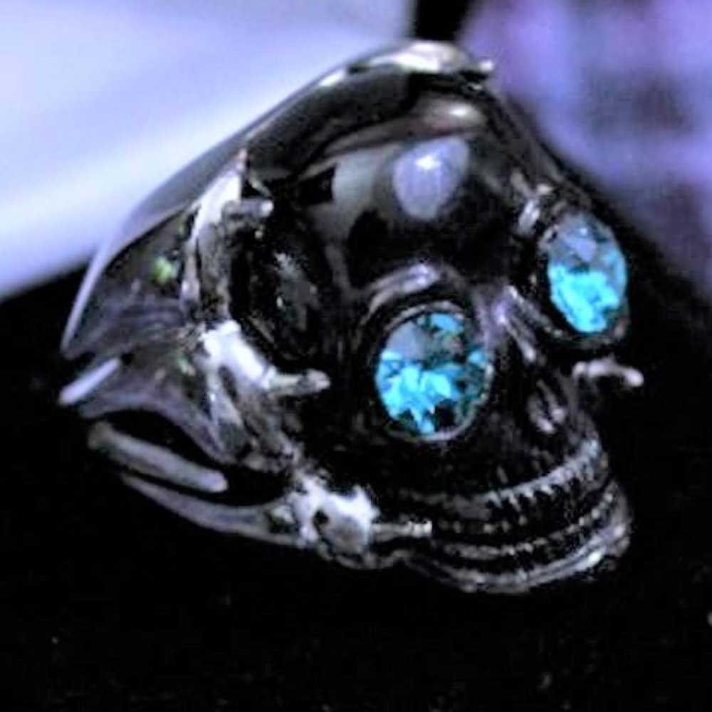 Black Acrylic Skull Ring Rhinestone Eyes Size 8.5